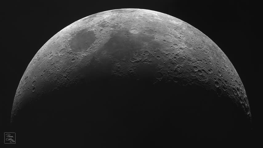Crescent Moon with detailed craters along the terminator, April 2024
