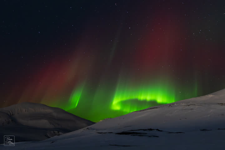 Red and green aurora rays above snowy mountains