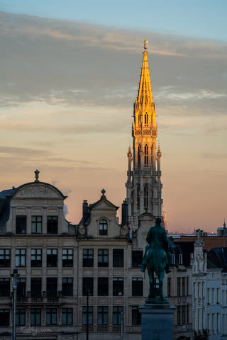 Brussels Town Hall spire seen from the Mont des Arts at sunset