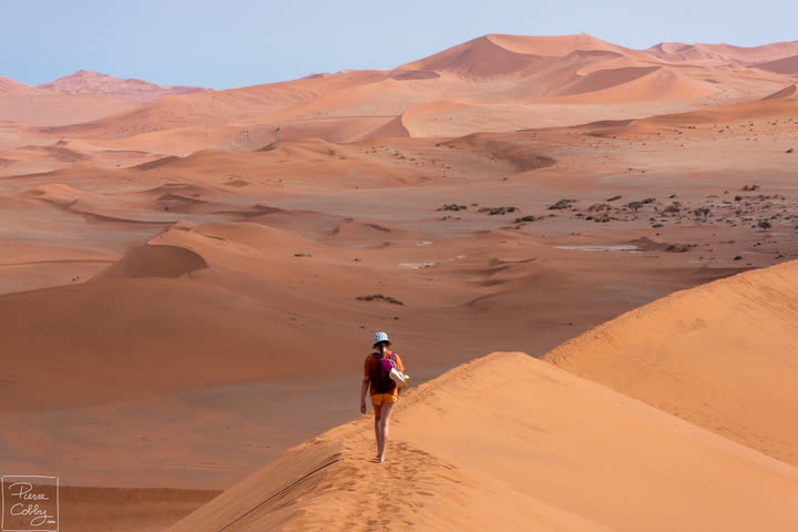 Hiker walking along the ridge of a red sand dune