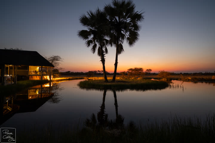 Palm trees reflected in a waterhole at sunset next to a lodge