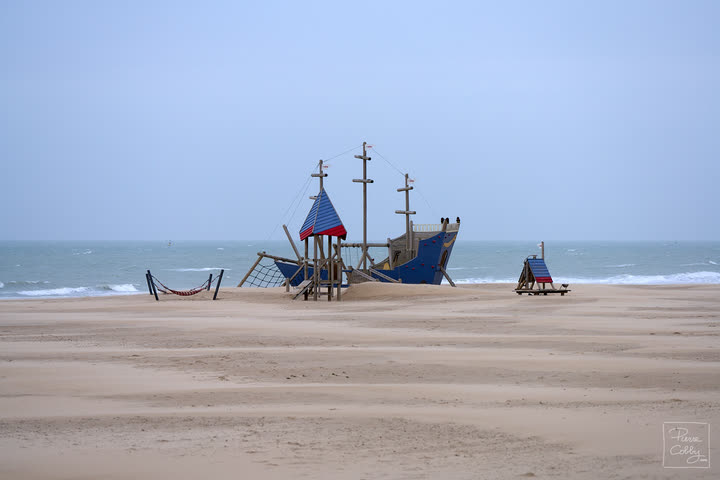 Pirate ship playground on an empty winter beach, Ostend