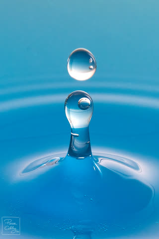 Drop falling onto a rising water column, blue background