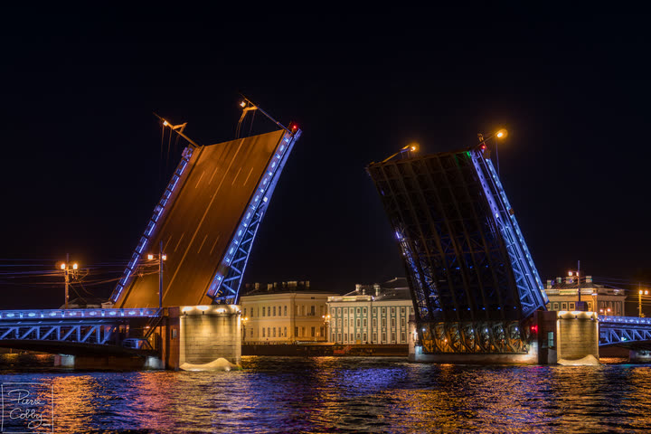 Palace Bridge raised at night over the Neva, Saint Petersburg